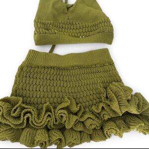Olive Green Knit Crop Top & Ruffle Mini Skirt Set